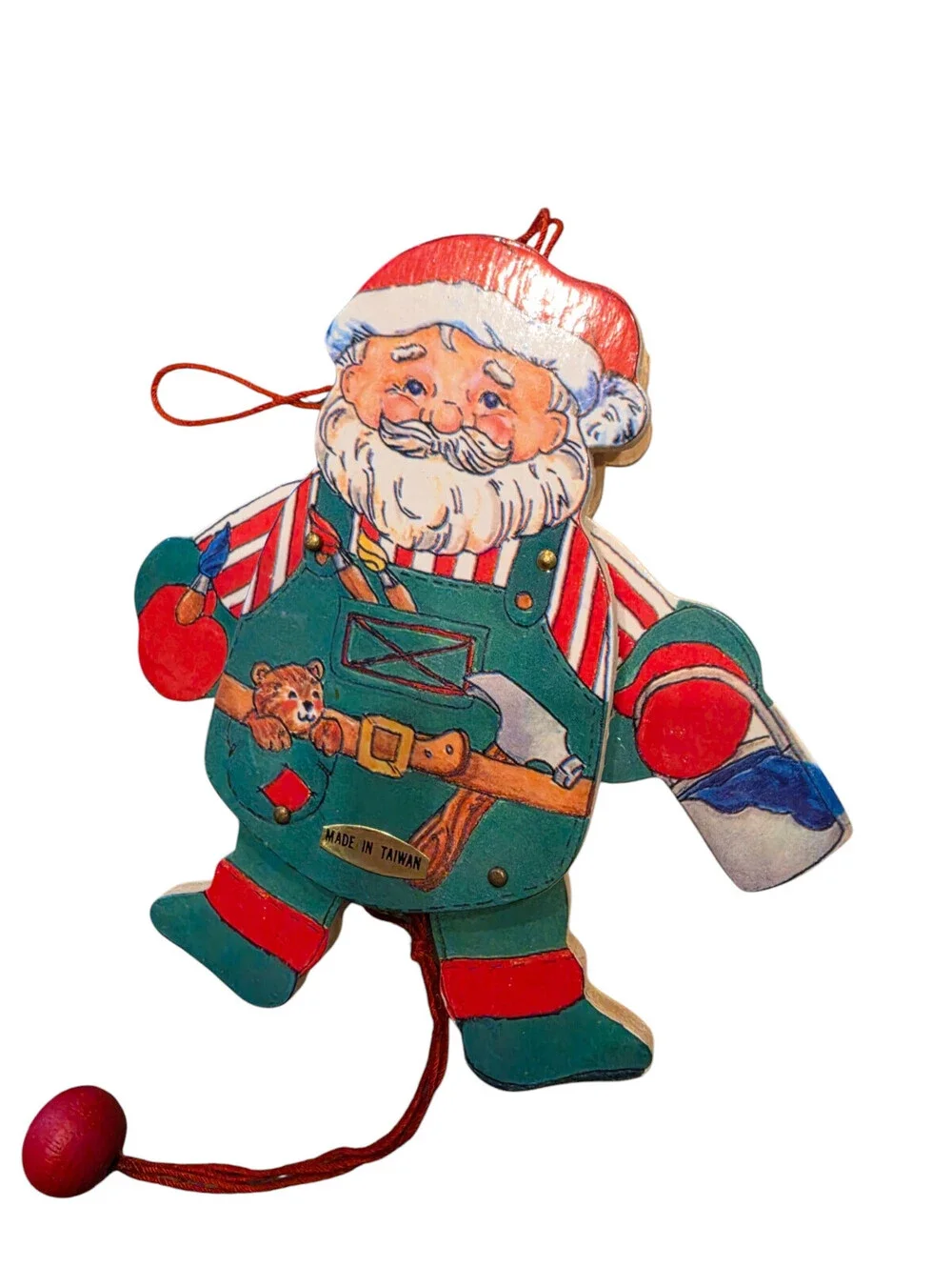 Vintage Midwest Importer Pull String Santa Wood Ornament Jointed Two Sided Decor